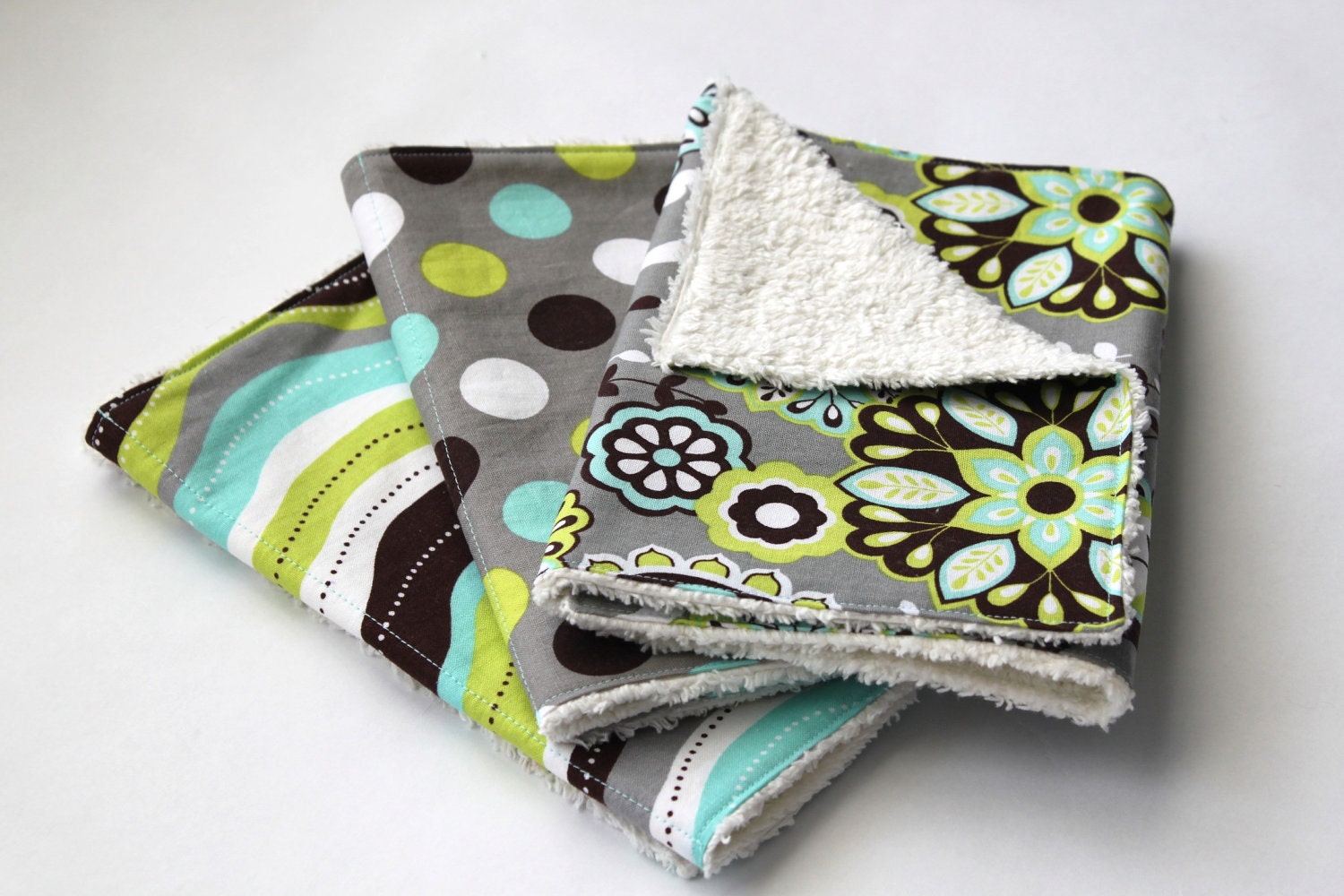 Chenille Baby Burp Cloths - Set of Three - Grey, Lime Green, and Turquoise - GENDER NEUTRAL