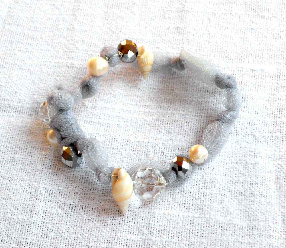 Fabric  bracelet grey whit beads Bangle with recycled seaglass and shells for her - one of a kind - OOAK