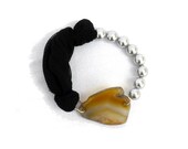 Fabric  bracelet   bangle  with silver colour beads and agate for her - one of a kind - OOAK