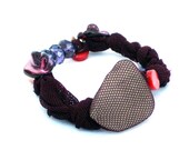 Fabric burgundy bracelet Beaded bangle with recycled shells  for her - one of a kind - OOAK