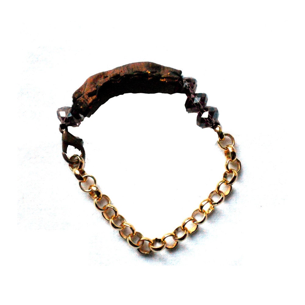 Party fabric  bracelet  bronze gold and pink with crystal beads and golden metal chain for her- one of a kind - OOAK