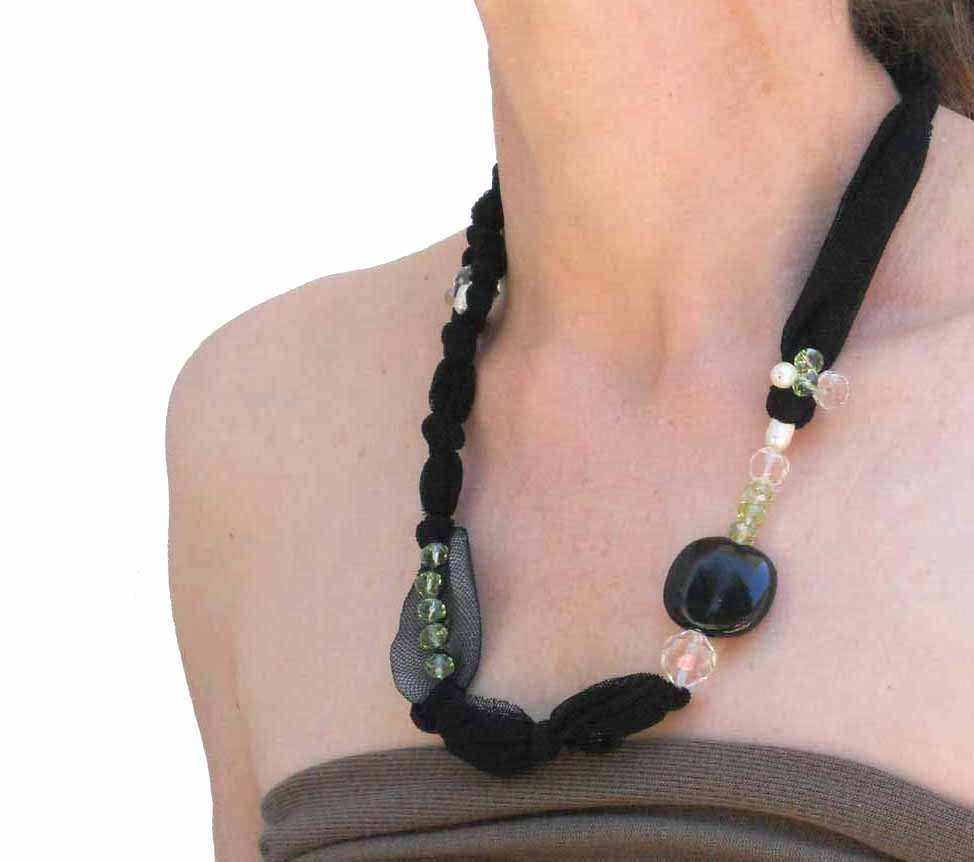 Fabric black necklace beaded with recycled shells and seaglass for her - one of a kind - OOAK