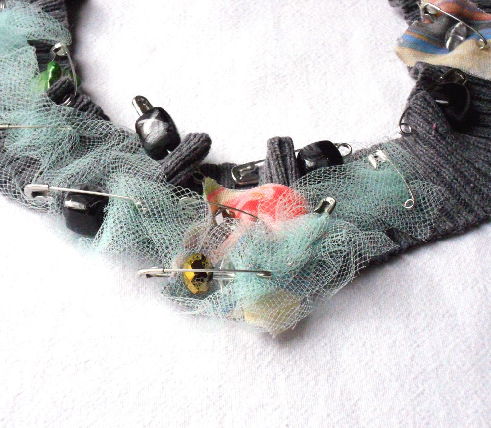 Recycled fabric necklace Bib with safety pins and beads for her - one of a kind-OOAK