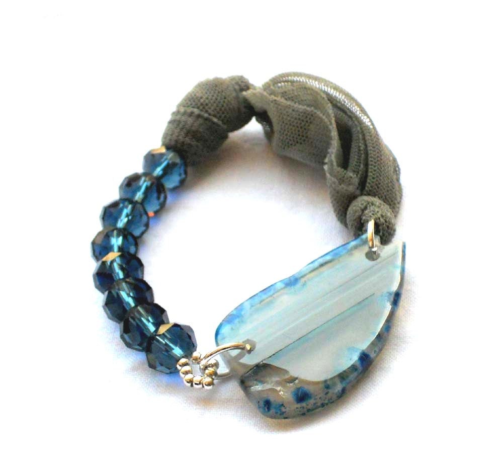 Fabric   bracelet bangle with blue beads and agate  - one of a kind