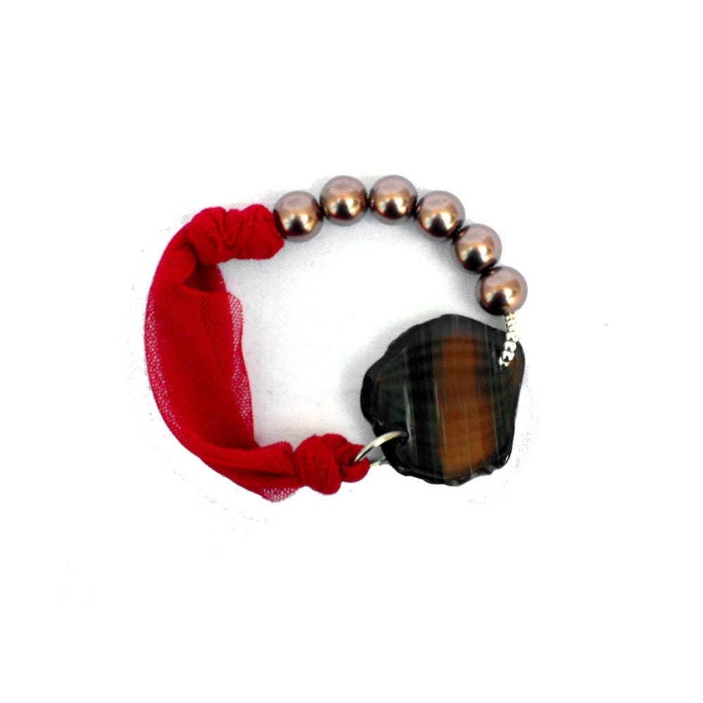Fabric  bracelet   Bangle  with bronze colour beads and agate for her - one of a kind - OOAK