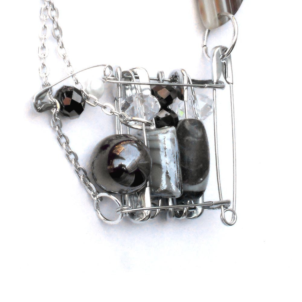Safety pins necklace bib silver brown and grey with agate and beads for her - one of a kind - OOAK