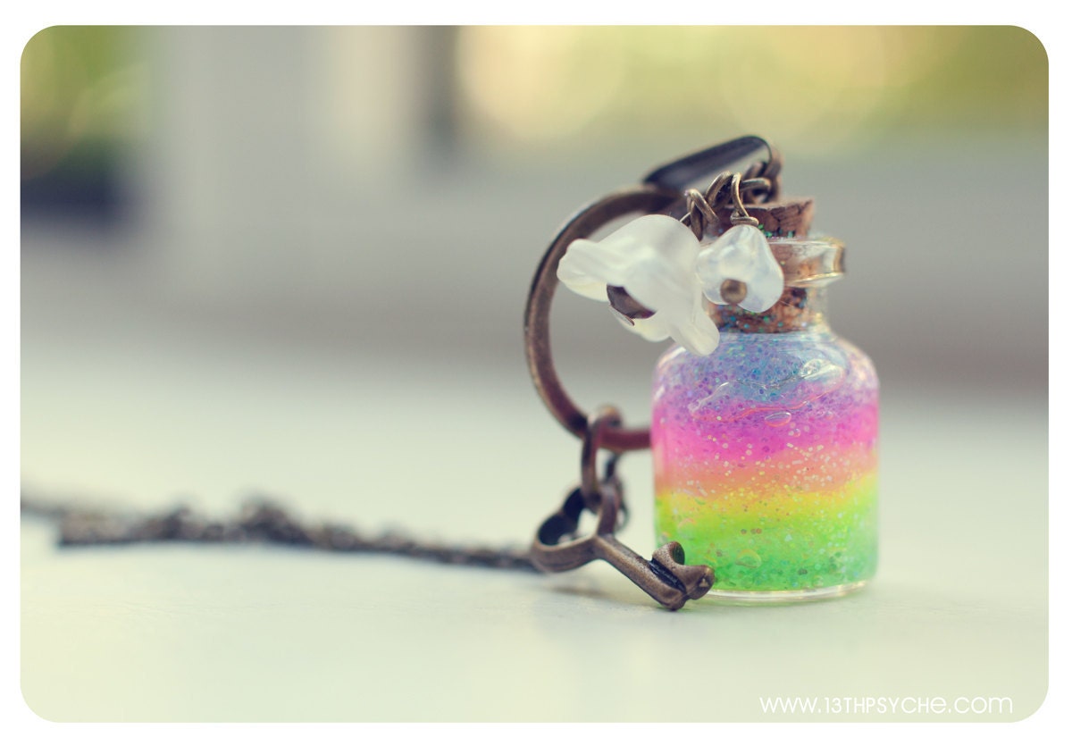 Rainbow bottle Necklace. Glitter Rainbow gel and Flowers. Glass Vial Necklace. Glass Bottle Pendant. Cute Necklace. Miniature bottle
