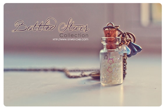 Tiny Bottle necklace, with glass flowers cute glitter stars. CUSTOM STARS COLOR. Glass Vial Necklace, Bottle Pendant