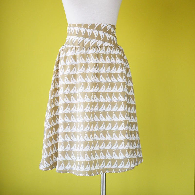 Plus size skirt circle skirt high waisted sailing boat monogram pattern print fully lined - LARGE