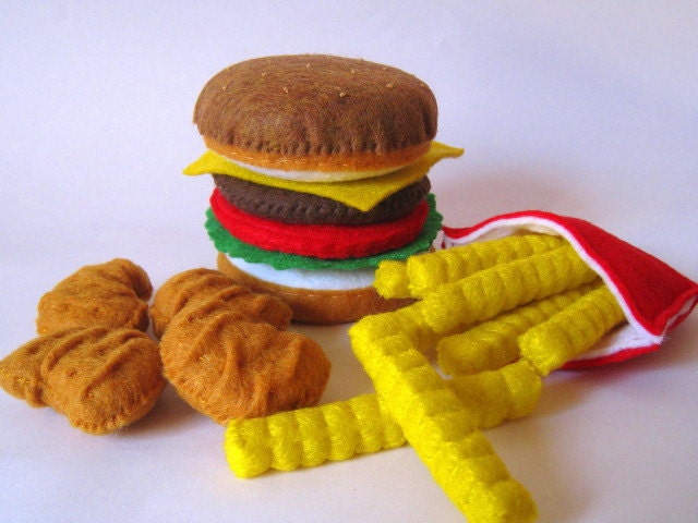 Felt Food Hamburger, french fries & chicken nuggets set eco friendly childrens pretend play food for toy kitchen