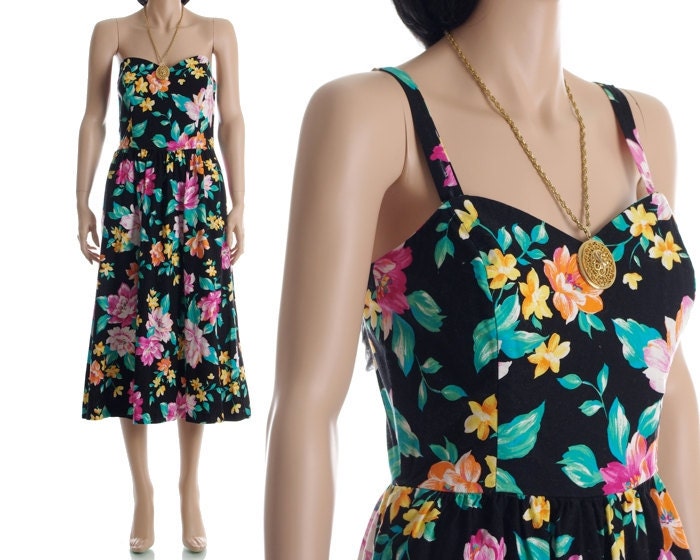 Vintage 80s Sundress - Black Floral Strapless Summer Dress - M