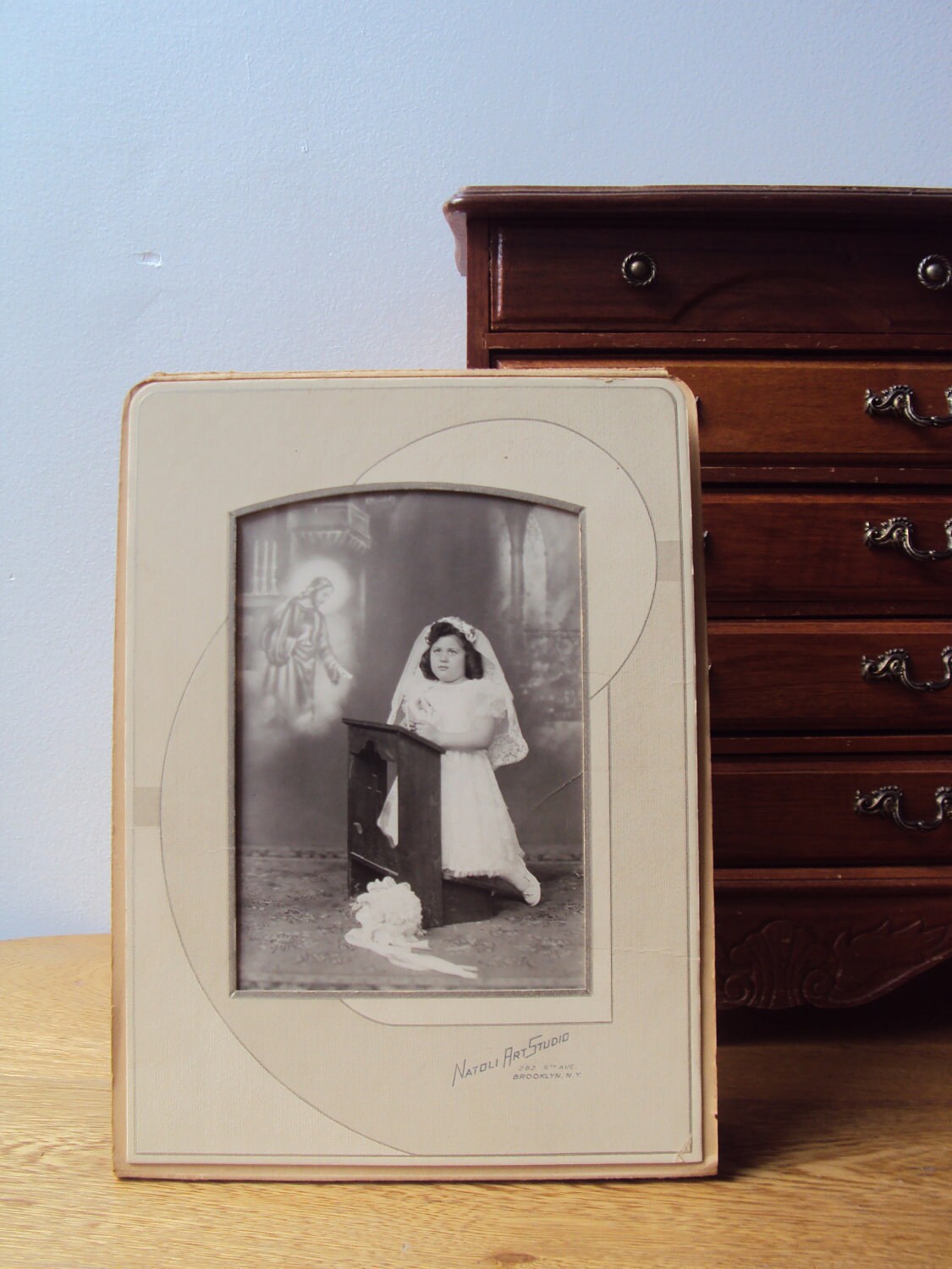Vintage Photograph, Mid Century Studio Portrait, Black & White Photo of a Young Brooklyn Girl, Complete with Flying Jesus in Background