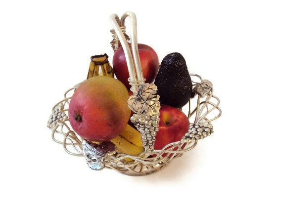 Vintage Silver Basket, Silver Plated Fruit Basket, Shabby Chic Storage, Home Decor with Grapes and Leaves, Made by Godinger - YesterdaysSilhouette