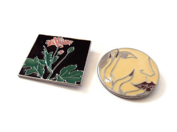 Vintage Enameled Pewter Brooches, Set of Two Art Deco Pins, Black Square Flower Brooch & Woman's Face with Rhinestone Ring, Signed R. Arvio