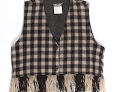 Black and Taupe Plaid Vest with Fringe - size medium/large