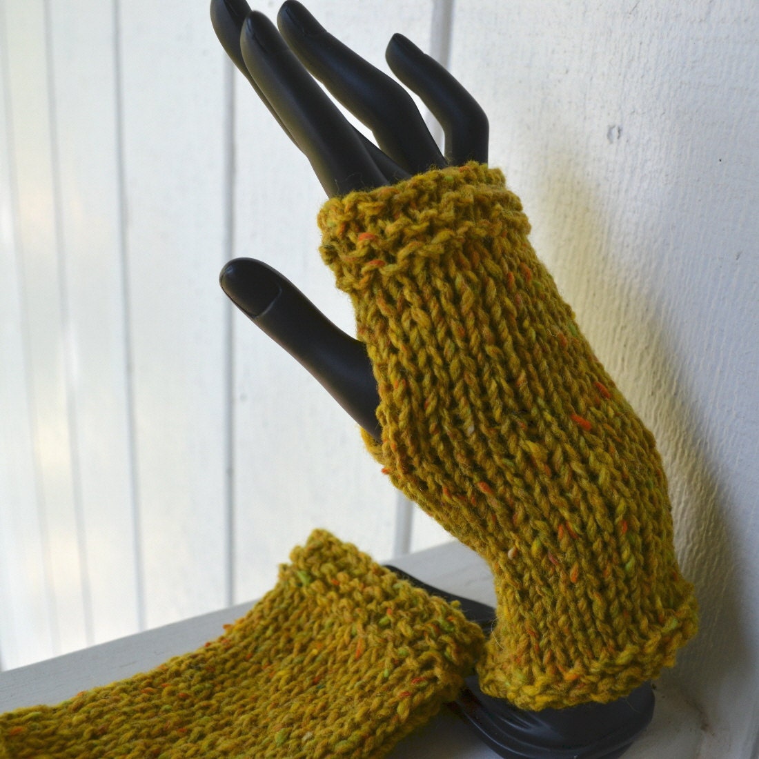Knit  Fingerless Gloves-Virgin Lambswool- Yellow Tweed