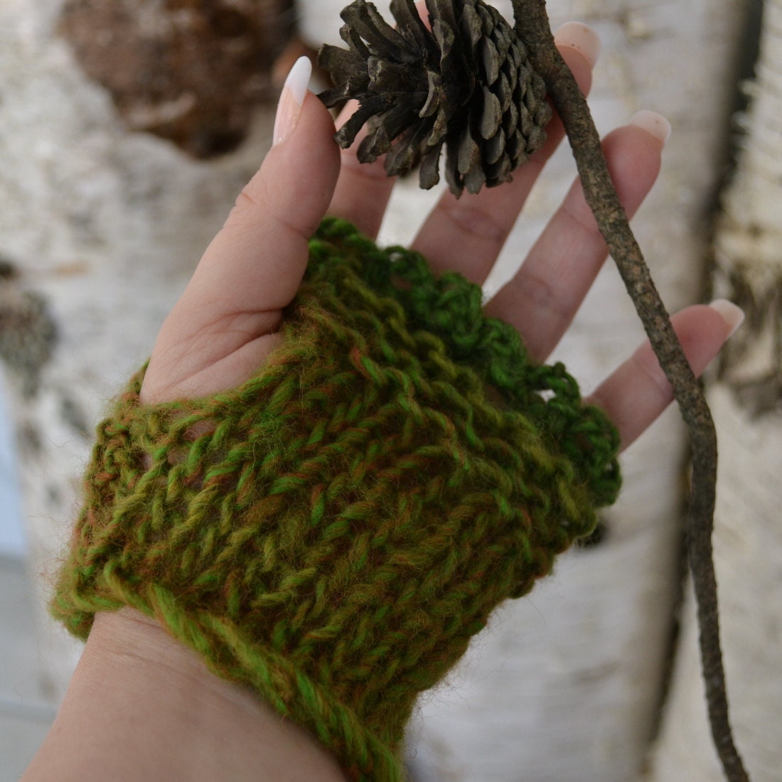 Cozy Knit & Crocheted Wool Blend Fingerless Gloves-Short-Rain Forest Green-REDUCED PRICE