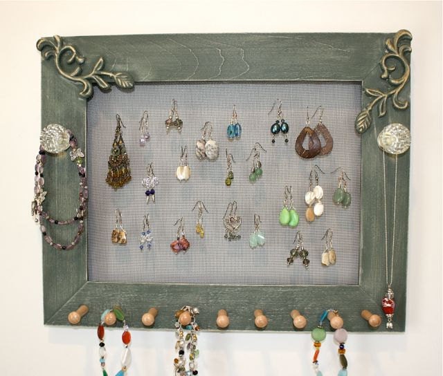 Olive Green Earring Holder Frame Detailed Appliques Natural Pegs.
