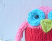 Hand Knit Owl Plush Red Pink Turquoise Ready To Ship