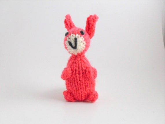 Hand Knit Bunny Plush Neon Coral Ready To Ship