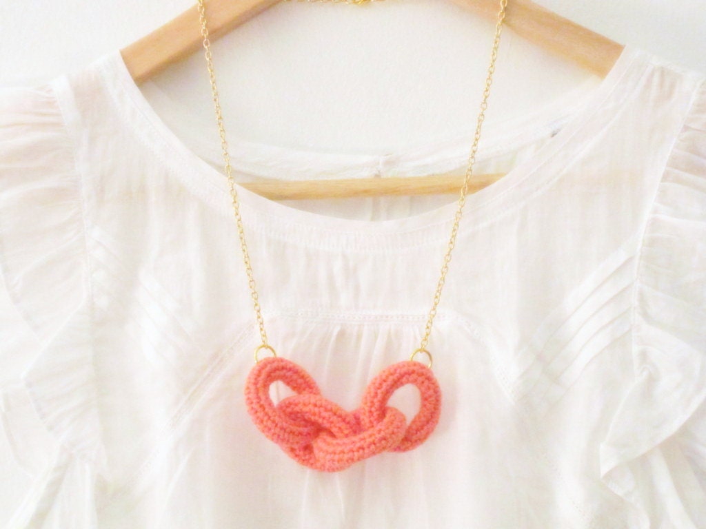 Chain reaction, crochet chain necklace. Coral pink cotton yarn