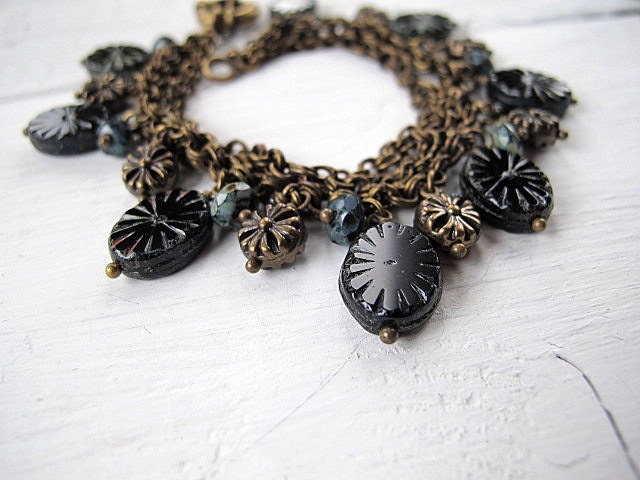Black Layered Bracelet Czech Glass Antique Brass Chain