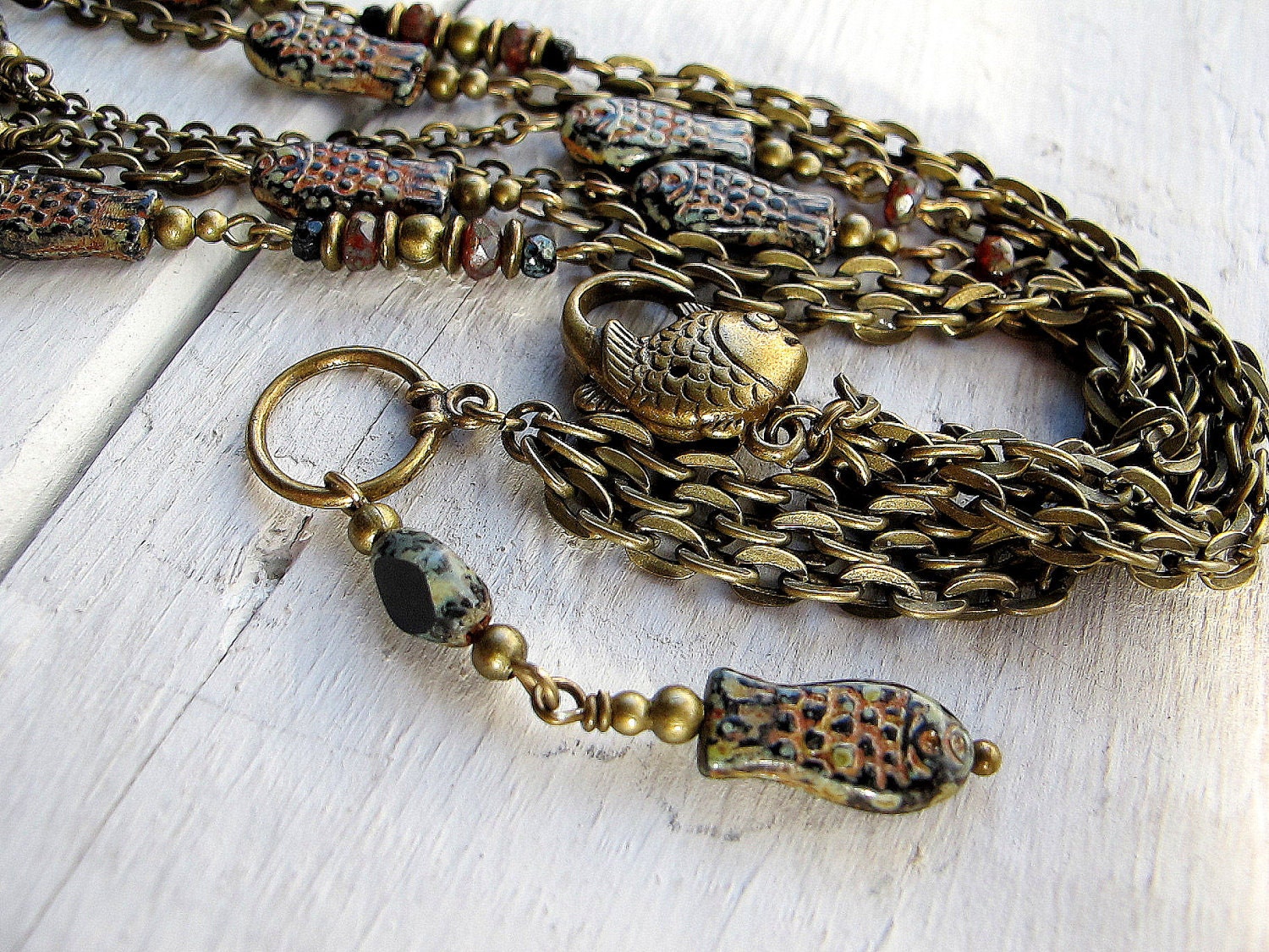 Whimsical Fish Layered Necklace, Czech Glass Fish with Antique Brass Chain Multi Strand.