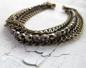 Layered Chain Bracelet: Antique Brass Multi Strand Cuff with Czech Glass Faux Pyrite