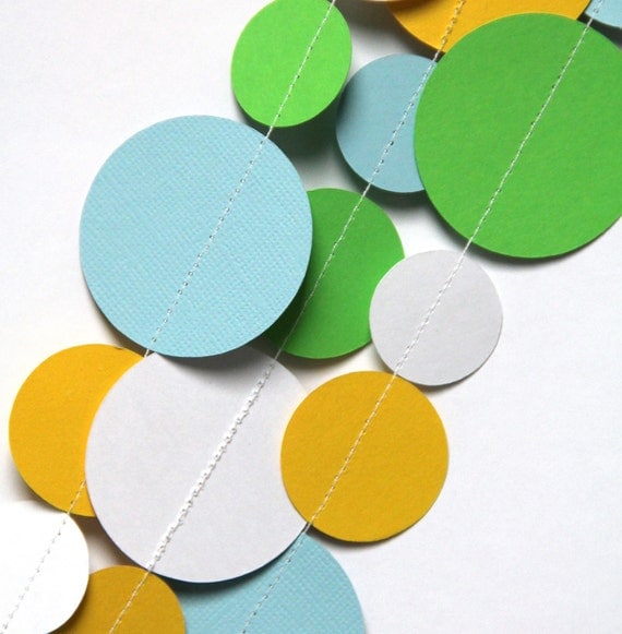 Green, light blue, yellow & white paper circle garland (15 feet) - READY TO SHIP Il_570xn