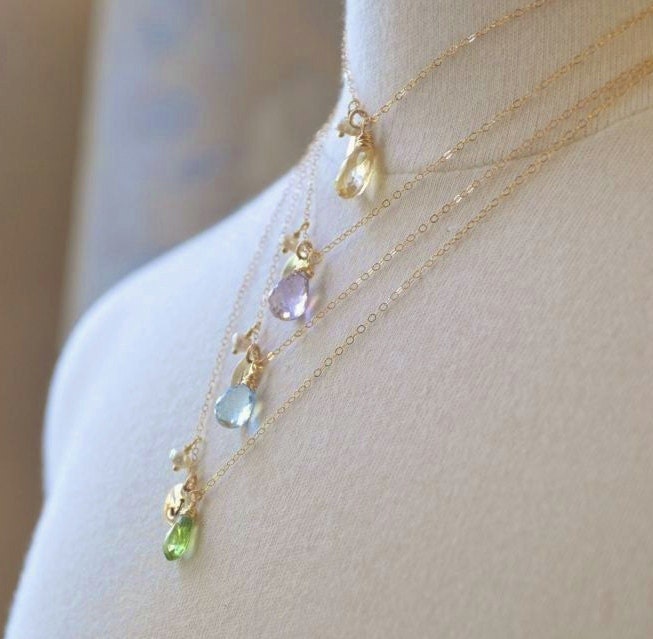 Customized Gold Filled Birthstone Necklace- Set of 4, Personalized  Hand Stamped, Monogrammed, Citrine, Amethyst, Peridot, Aquamarine