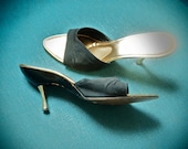 High HEELS Vintage Slip On SHOES Mules 9 Gold METAL Heel