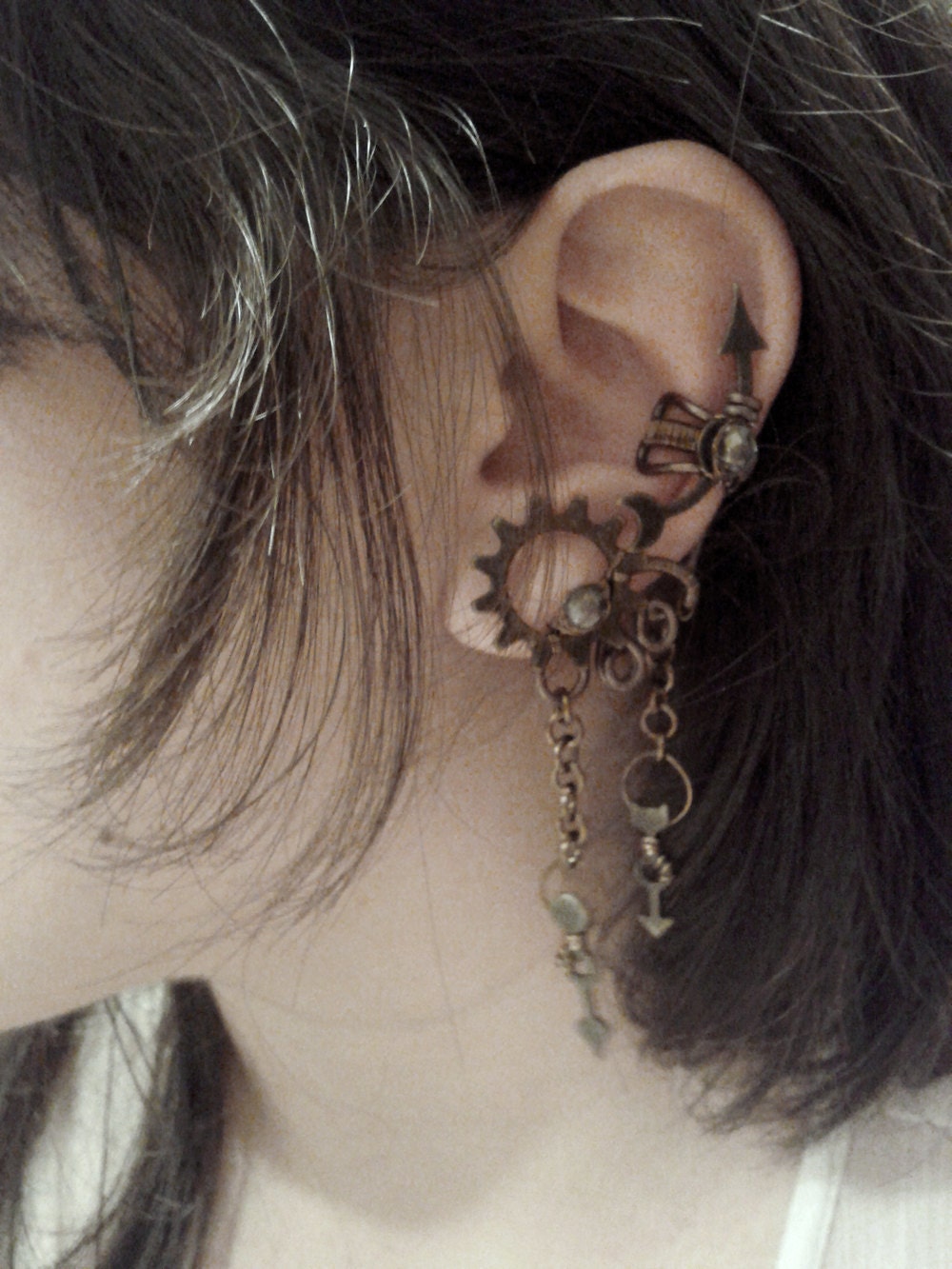 Steampunk Kelpie Faerie Ear Cuff - Mint Green Crystals