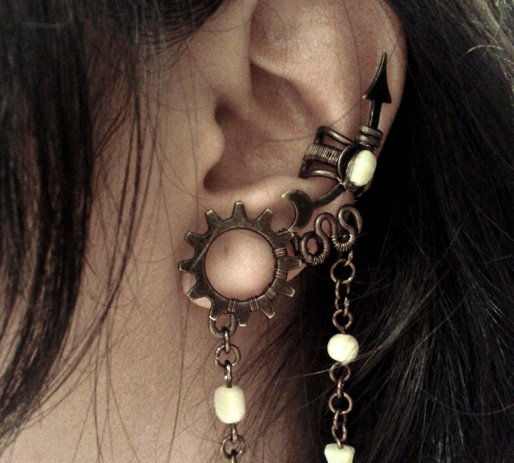 Steampunk Moon Flower Ear Cuff - Customizable with beaded chains