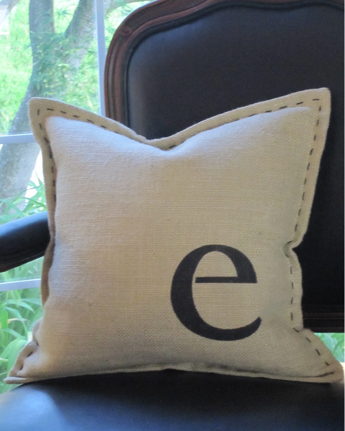 Stenciled Monogram Burlap Pillow - the letter "e"