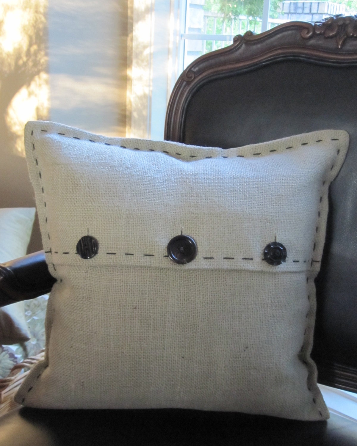 Stenciled Monogram Burlap Pillow - the letter "e"