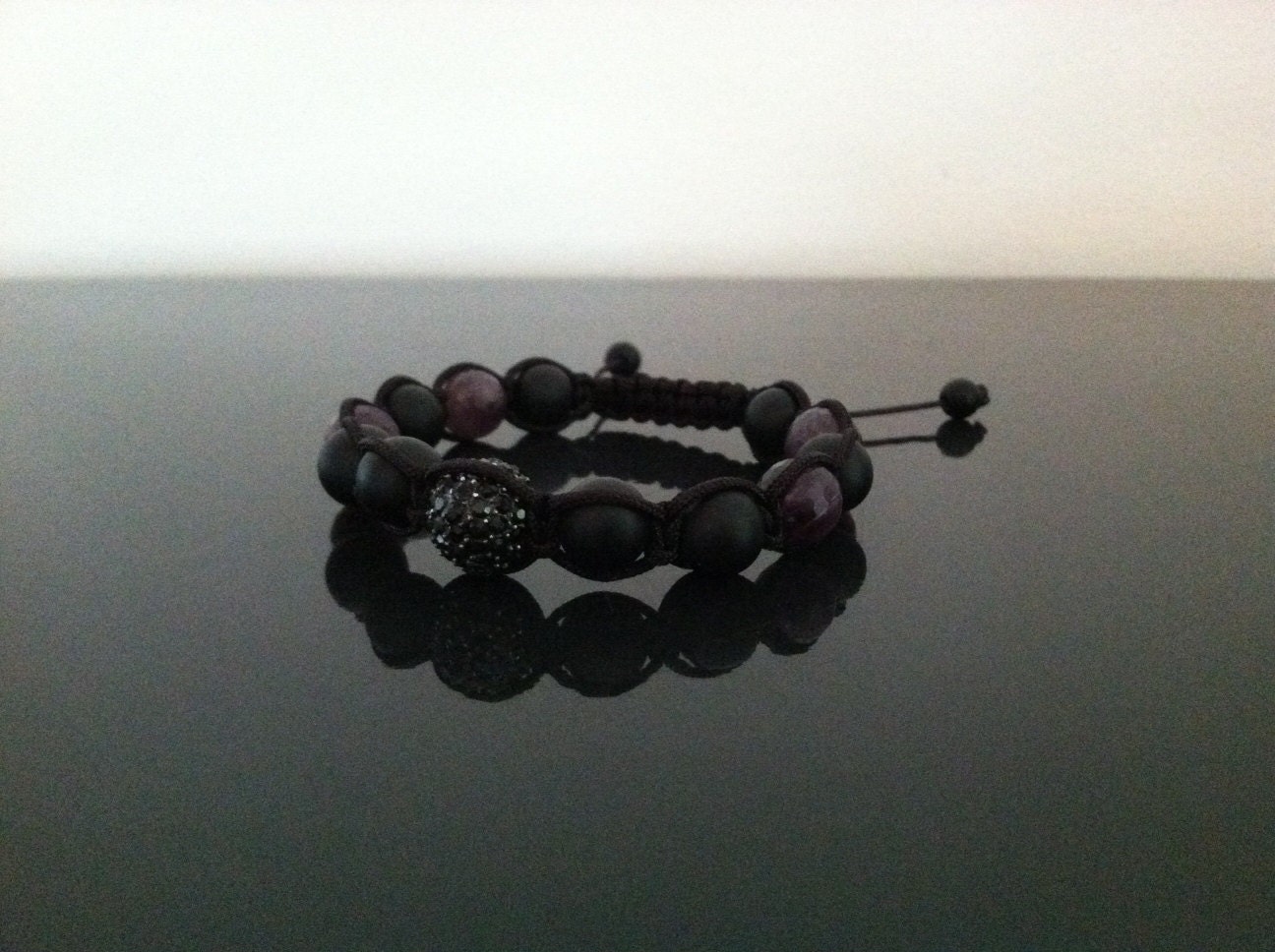 SEXY MENs bracelet: black matte onyx, dark purple amethyst and black swarovski beads...