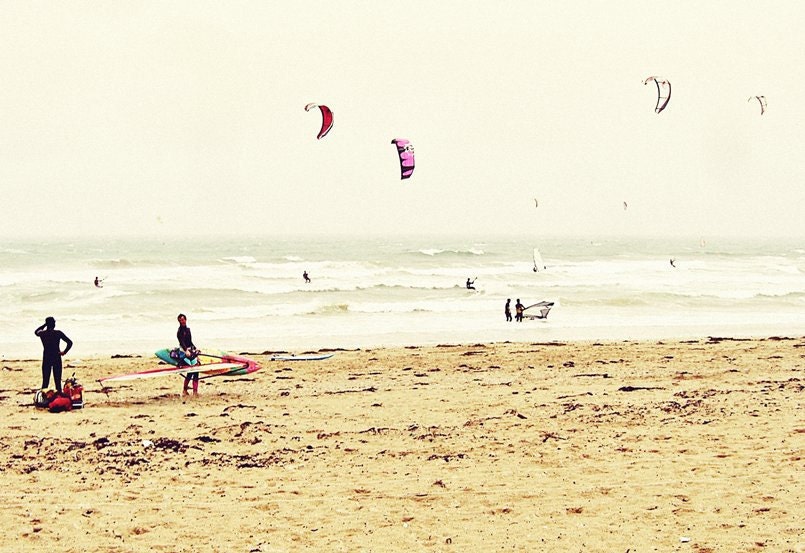 Beach Landscape Photography- Wind Surfers 8 x 10 print surfing water yellow pink teal sea ocean men
