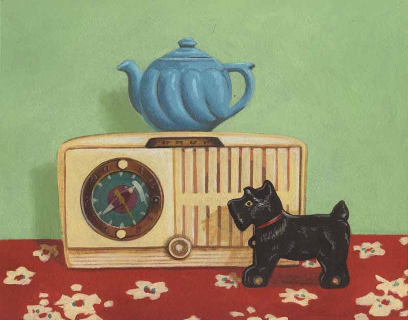 Vintage Clock Radio and Teapot Still Life - alarm clock - scottie
