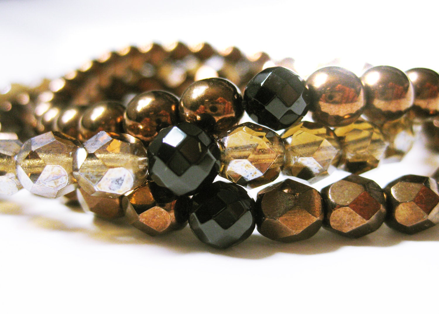 Glass Bracelet Trio. Bronzed Chocolate. Czech Glass bracelets. Instant Jewelry collection. Stackable Bracelets