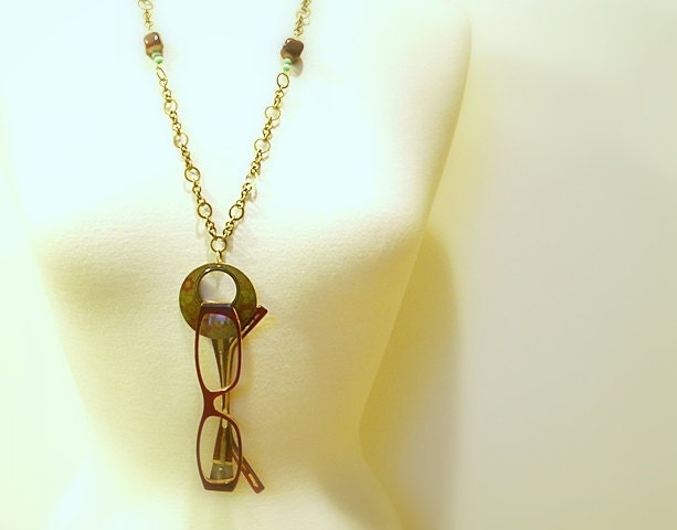 50% off - Eyewear Chain, Eyeglass Holder, Rustic Brass Flat Ornate Vintage Ring/Pendant, Brass Chain, Maroon and Green Bead, Lobster Clasp