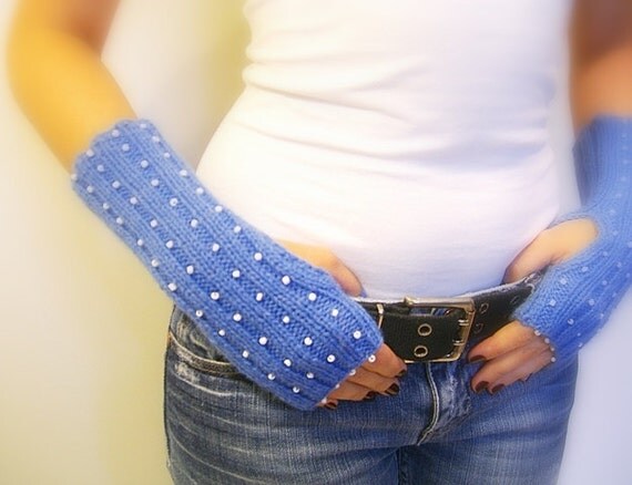 Fingerless Gloves, Blue, Hand Warmers, Wrist Warmers, Mittens. Handmade, White Glass Beads