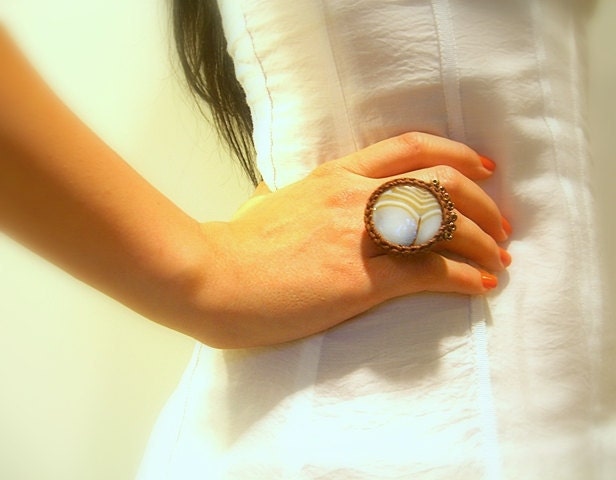 50% off - Crochet Adjustable Ring, Caramel Agate, Handmade, Brown Cotton Yarn, Copper Glass Beads