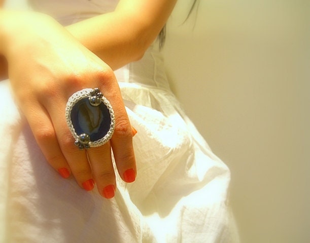 Handmade Crochet Ring, Agate, Blue, Cotton Silver Lame Yarn, Pewter Glass Beads, Adjustable