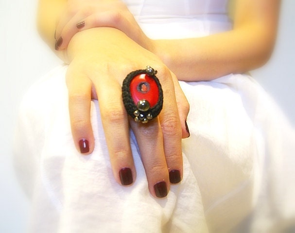 Red Crochet Ring, Women's Adjustable Ring, Black Cotton Crochet Yarn