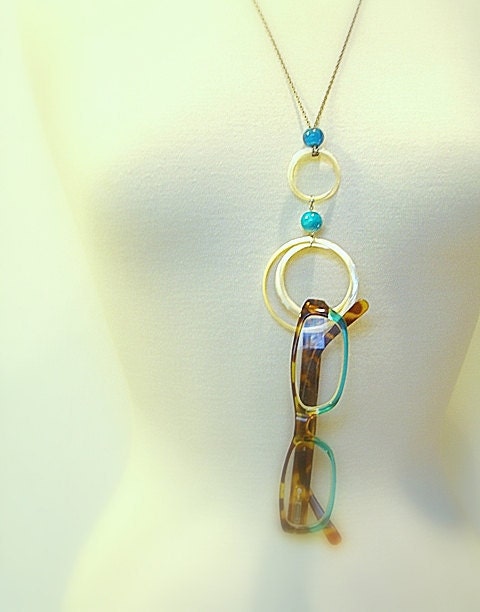 50% off - Eyeglass Holder, Eyewear Chain, Necklace, Vintage Mother Of Pearl  Rings, Vintage Silver Metal Chain, Turquoise Beads