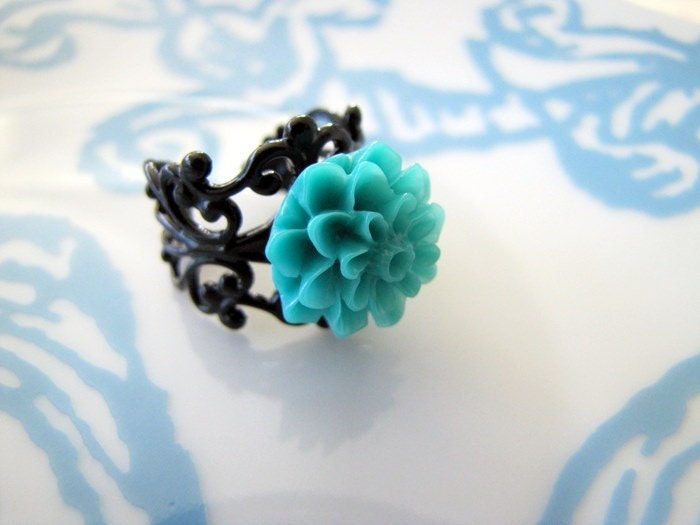 Petite Teal flower and black filigree ring