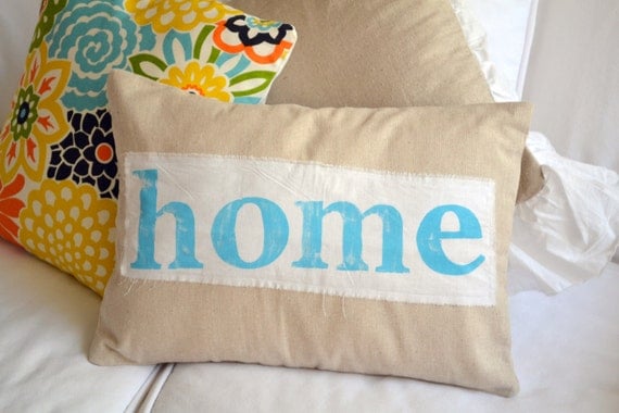 HOME TURQUOISE -- farmhouse chic muslin pillow cover with hand stamped home banner 12 x 16