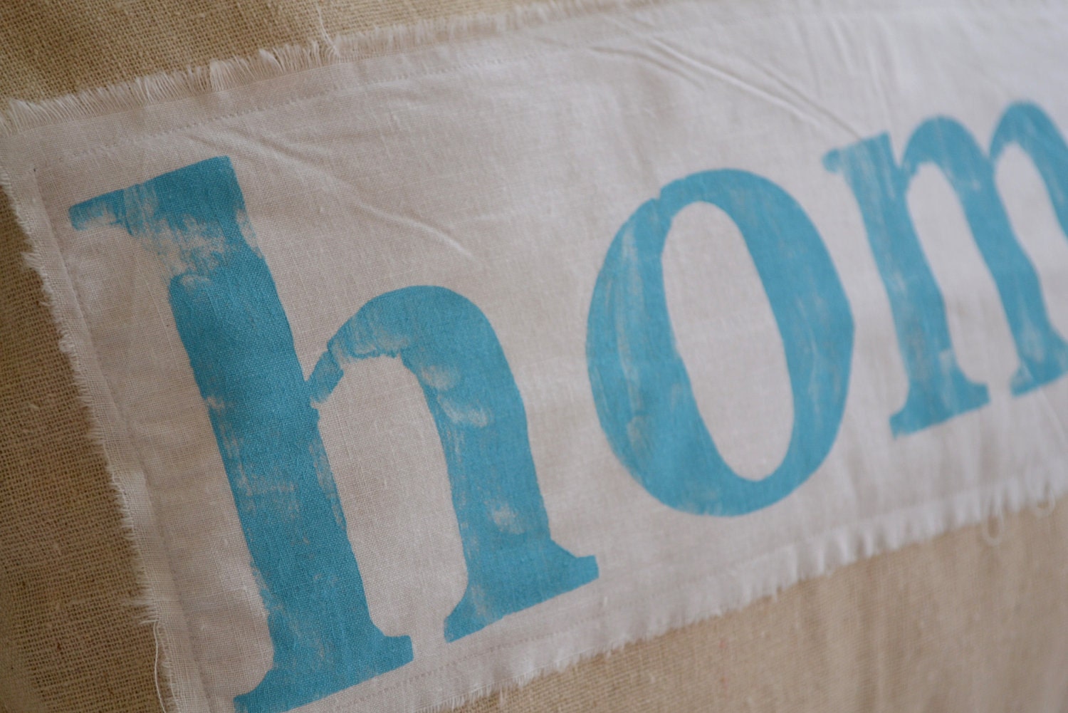 HOME TURQUOISE -- farmhouse chic muslin pillow cover with hand stamped home banner 12 x 16