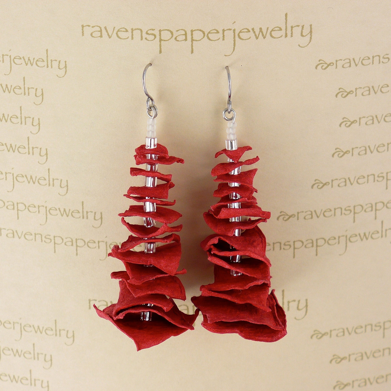 Coral Stacks Abaca Earrings with silver lined glass beads