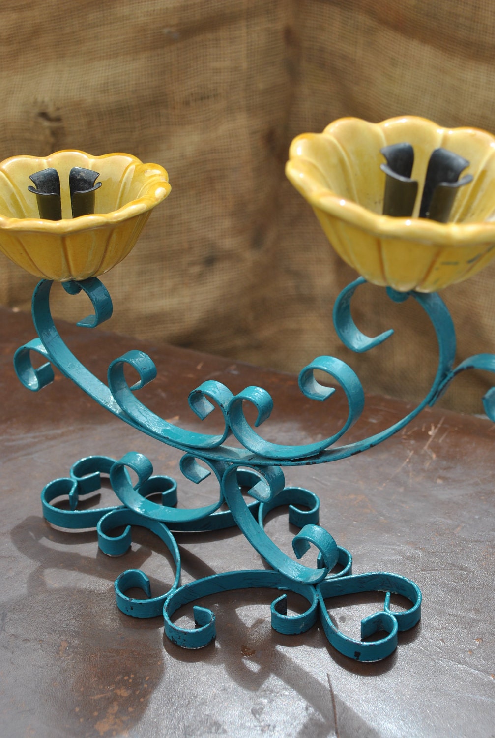 Funky Turquoise Flower Candle Holder Centerpiece